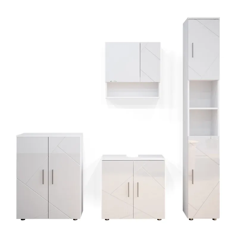 Set mobilier baie Irma Alb lucios ridicat 4 părți, cu dulap înalt și comodă Vicco Discount