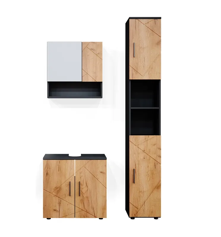 Set mobilier baie Irma Stejar Goldkraft/antracit 3 părți, cu dulap înalt Vicco Reducere specială