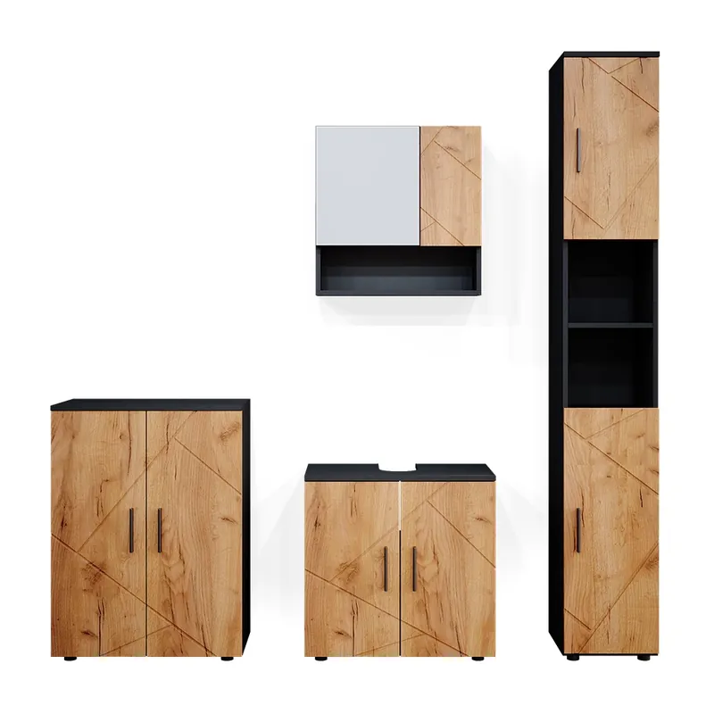 Expediere rapidă Set mobilier baie Irma Stejar Goldkraft/antracit 4 părți, cu dulap înalt și comodă Vicco