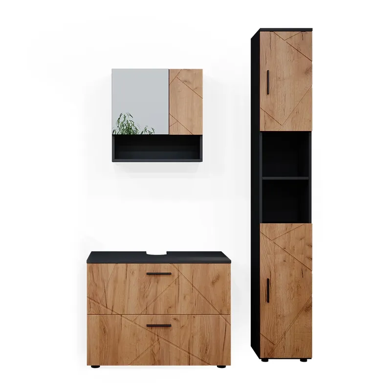 Set mobilier baie Irma Stejar Goldkraft/antracit 3 părți, cu dulap cu sertare și dulap înalt Vicco Popular