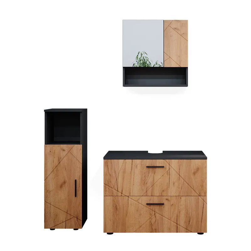 Preț redus Set mobilier baie Irma Stejar Goldkraft/antracit 3 piese, cu dulap midi Vicco