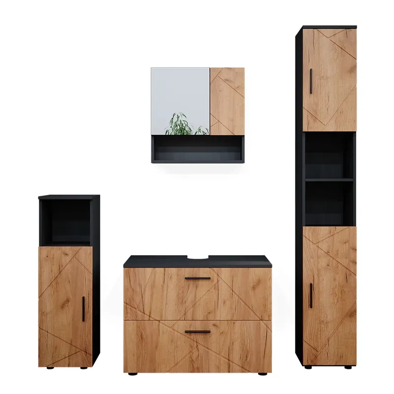 Set mobilier baie Irma Stejar Goldkraft/antracit 4 părți, cu dulap cu sertare și dulap înalt Vicco Super ofertă