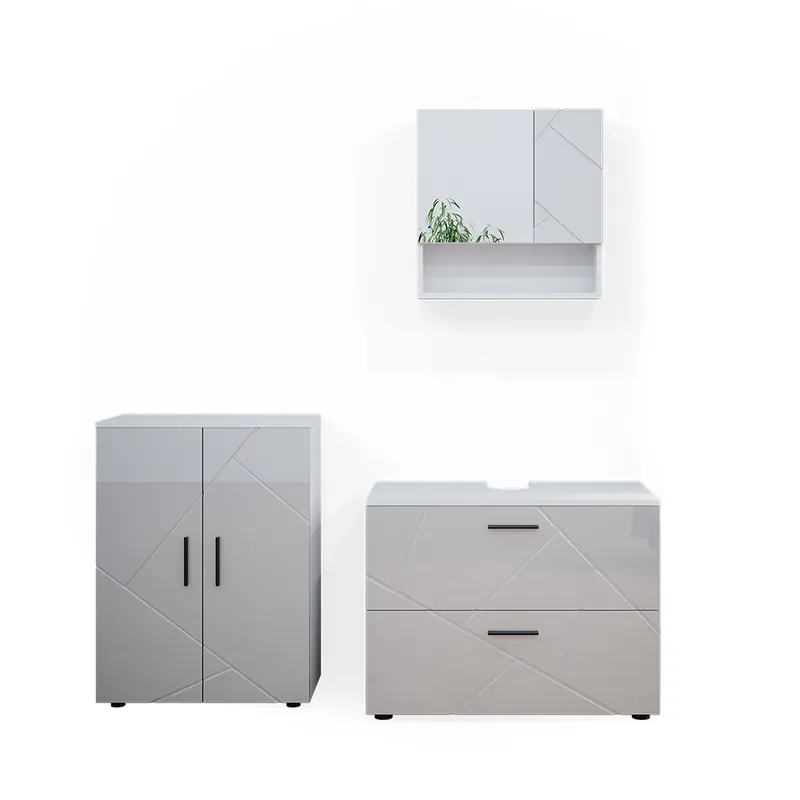 Set mobilier baie Irma Alb lucios ridicat 3 părți, cu dulap de bază 80 cm Vicco Ofertă de sezon