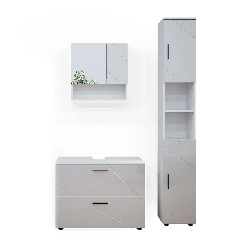 Set mobilier baie Irma Alb lucios ridicat 3 părți, cu dulap cu sertare și dulap înalt Vicco Noutate