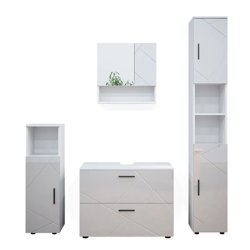 Expediere rapidă Set mobilier baie Irma Alb lucios ridicat 4 părți, cu dulap cu sertare și dulap înalt Vicco