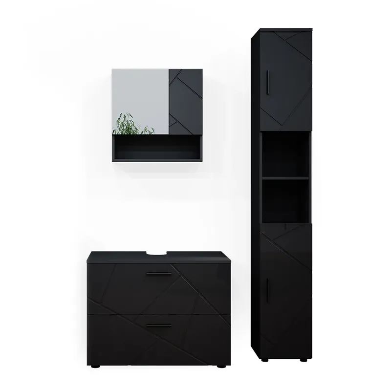 Disponibil imediat Set mobilier baie Irma Antracit lucios ridicat 3 părți, cu dulap cu sertare și dulap înalt Vicco