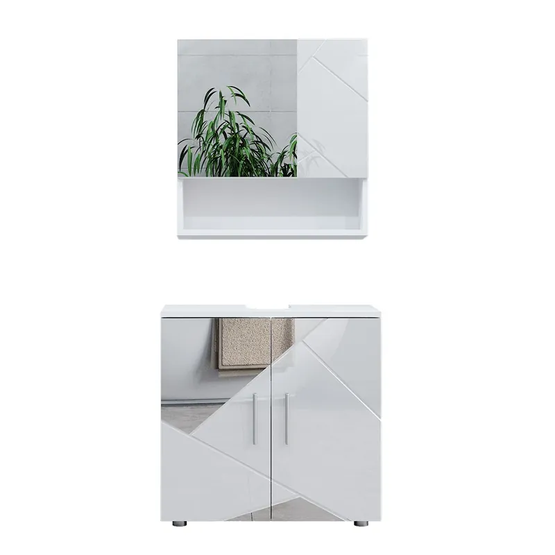 Set mobilier baie Irma Alb lucios cu inserții 2 piese, dulap de bază 60 cm Vicco Bestseller