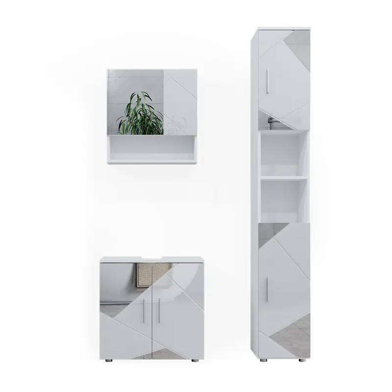 Retur ușor Set mobilier baie Irma Alb lucios cu inserții 3 părți, cu dulap înalt Vicco