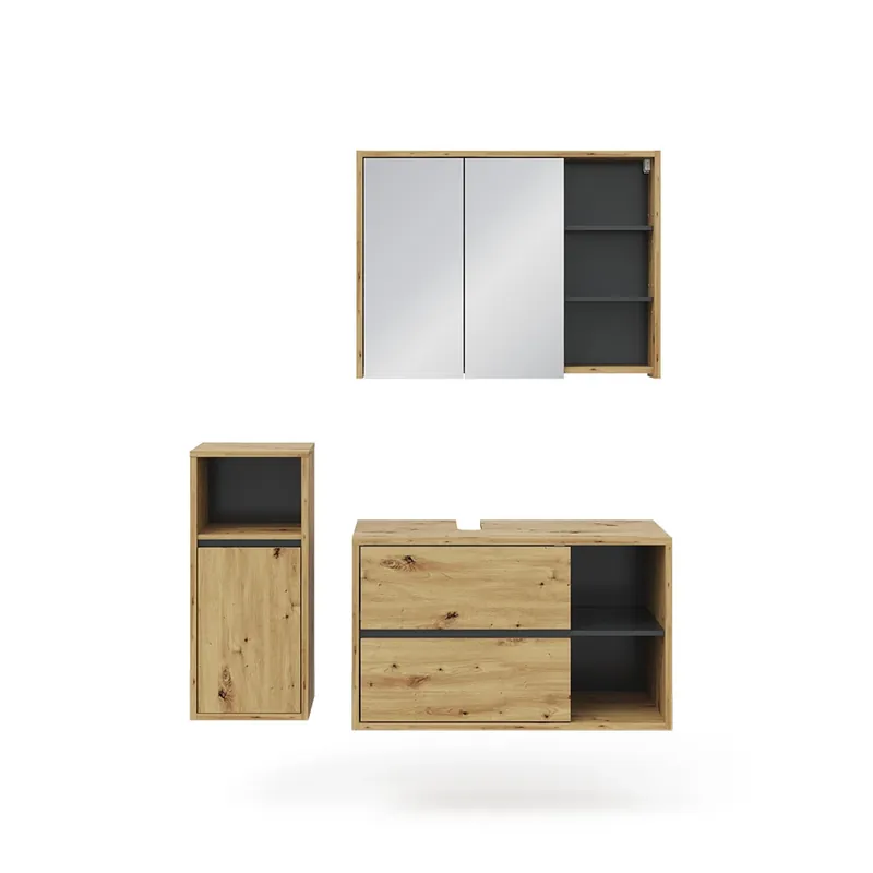 Livrare rapidă Set mobilier baie Viola Stejar artizanal 3 piese, cu dulap midi Vicco
