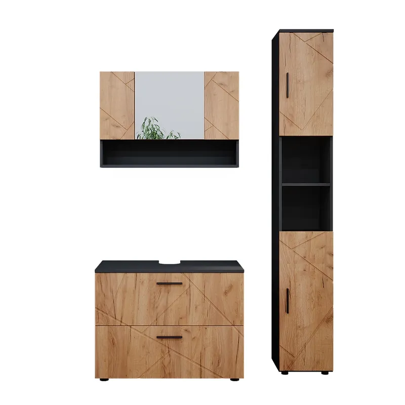 Retur gratuit Set mobilier baie Irma Stejar Goldkraft/antracit 3 piese, cu dulap oglinda 80 cm Vicco