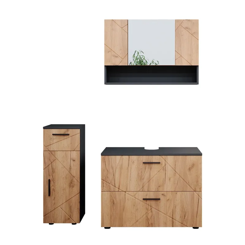 Ofertă specială Set mobilier baie Irma Stejar Goldkraft/antracit 3 părți, cu dulap cu sertare și dulap midi Vicco