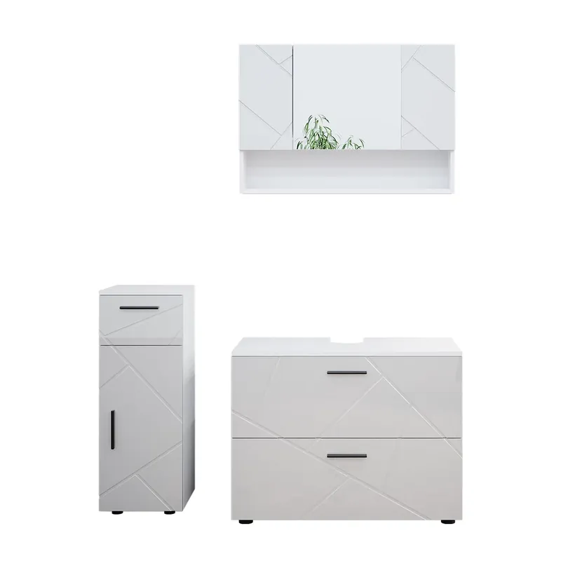 Ofertă Set mobilier baie Irma Alb lucios ridicat 3 părți, cu dulap cu sertare și dulap midi Vicco