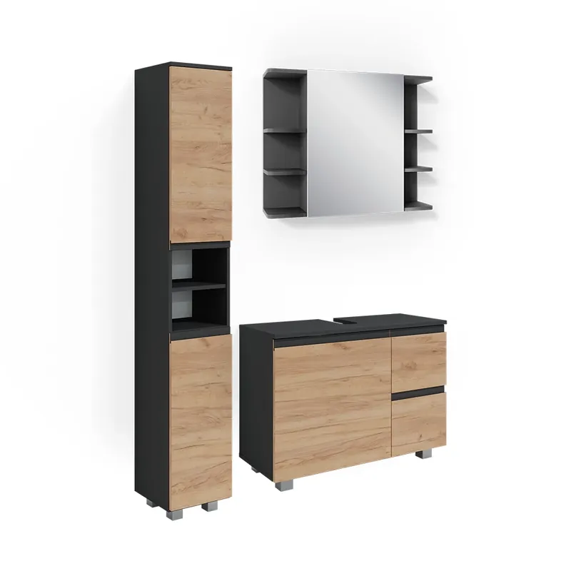 Set mobilier baie J-Shape Gri 3 părți, cu dulap înalt Vicco Reducere