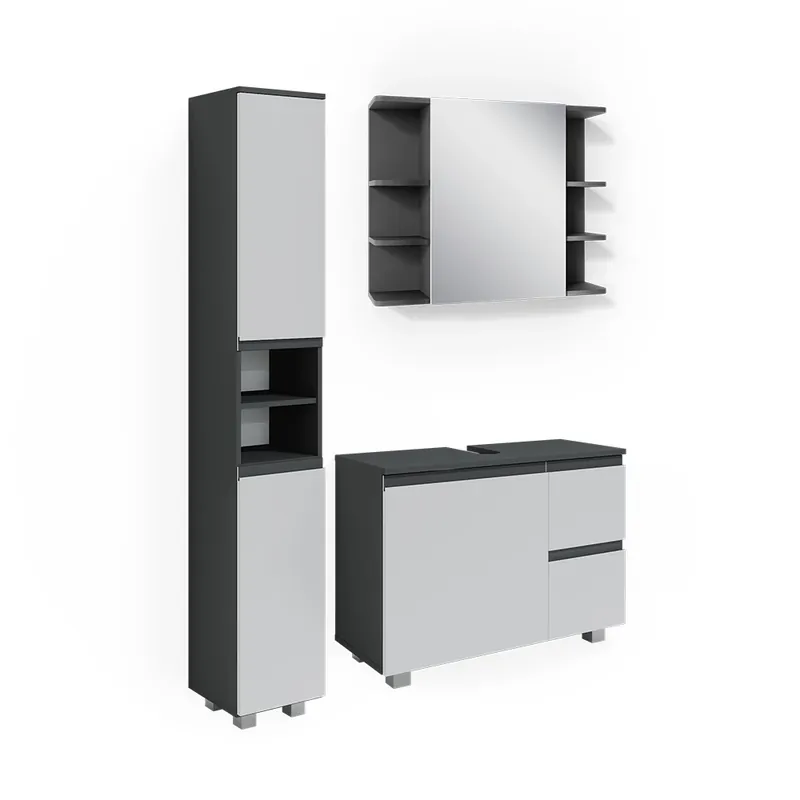 Ofertă exclusivă Set mobilier baie J-Shape antracit 3 părți, cu dulap înalt Vicco
