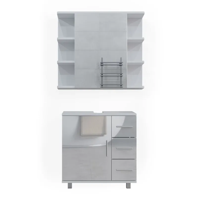 Set mobilier baie Ilias Alb lucios ridicat 2 părți Vicco Promoție