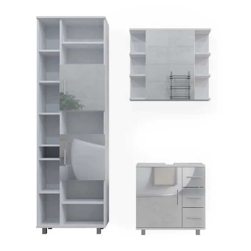 Livrare expres Set mobilier baie Ilias Alb lucios ridicat 3 părți, cu dulap înalt Vicco