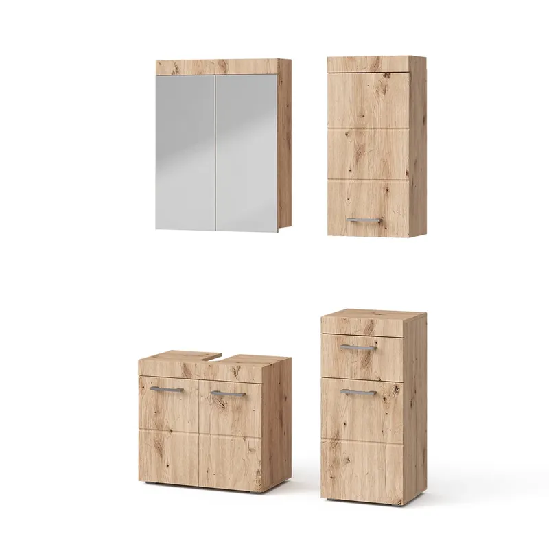 Promoție Set mobilier baie Luna Stejar Wotan 4 piese, cu dulap de perete Vicco