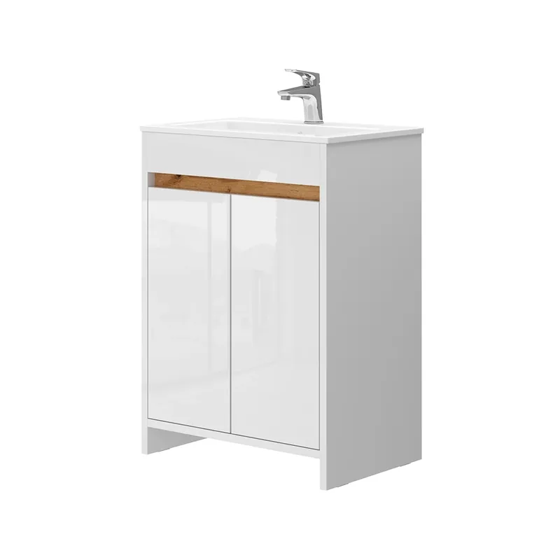 Set mobilier baie Lemgo Alb lucios ridicat 2 piese, dulap de bază 60 cm Vicco Livrare expres