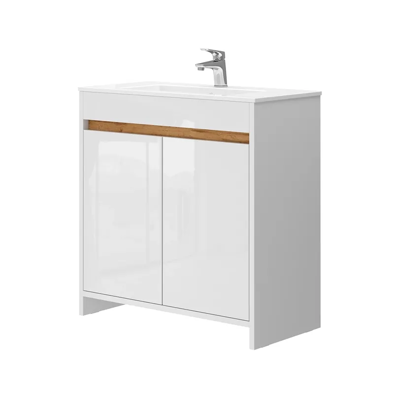 Set mobilier baie Lemgo Alb lucios ridicat 2 piese, dulap de bază 80 cm Vicco Super ofertă