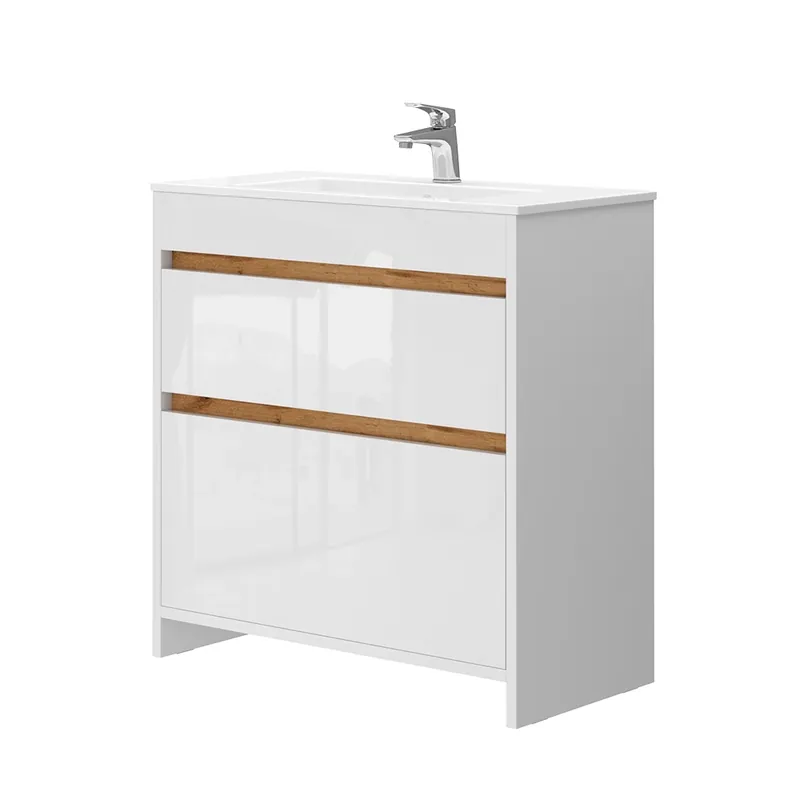 Set mobilier baie Detmold Alb lucios/stejar Goldkraft 2 piese, dulap de bază 80 cm Vicco Plată sigură