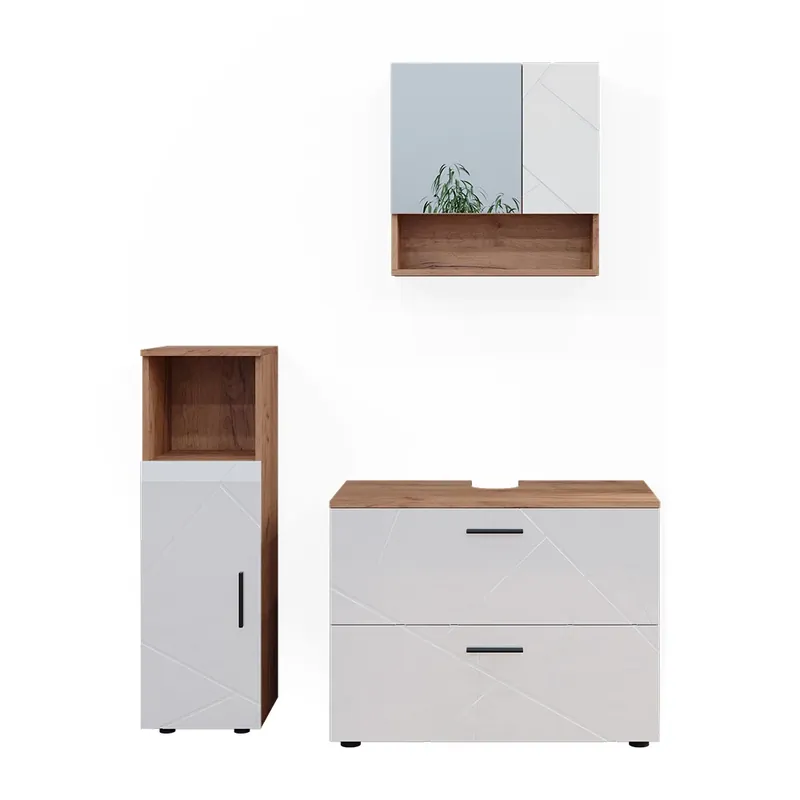Set mobilier baie Irma Alb lucios/stejar Goldkraft 3 piese, cu dulap midi Vicco Ofertă