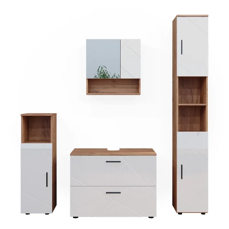 Cumpără online Set mobilier baie Irma Alb lucios/stejar Goldkraft 4 părți, cu dulap cu sertare și dulap înalt Vicco