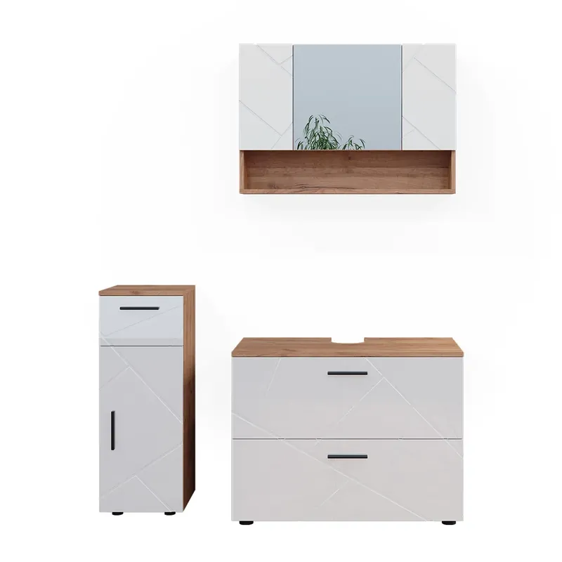 Super ofertă Set mobilier baie Irma Alb lucios/stejar Goldkraft 3 părți, cu dulap cu sertare și dulap midi Vicco