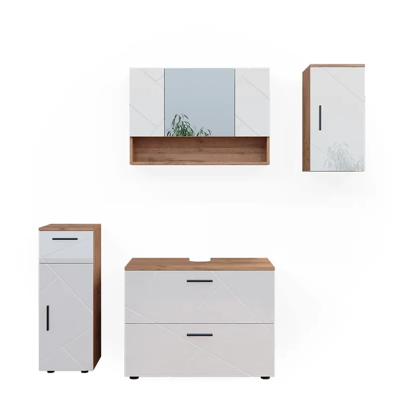 Noutate Set mobilier baie Irma Alb lucios/stejar Goldkraft 4 părți Vicco