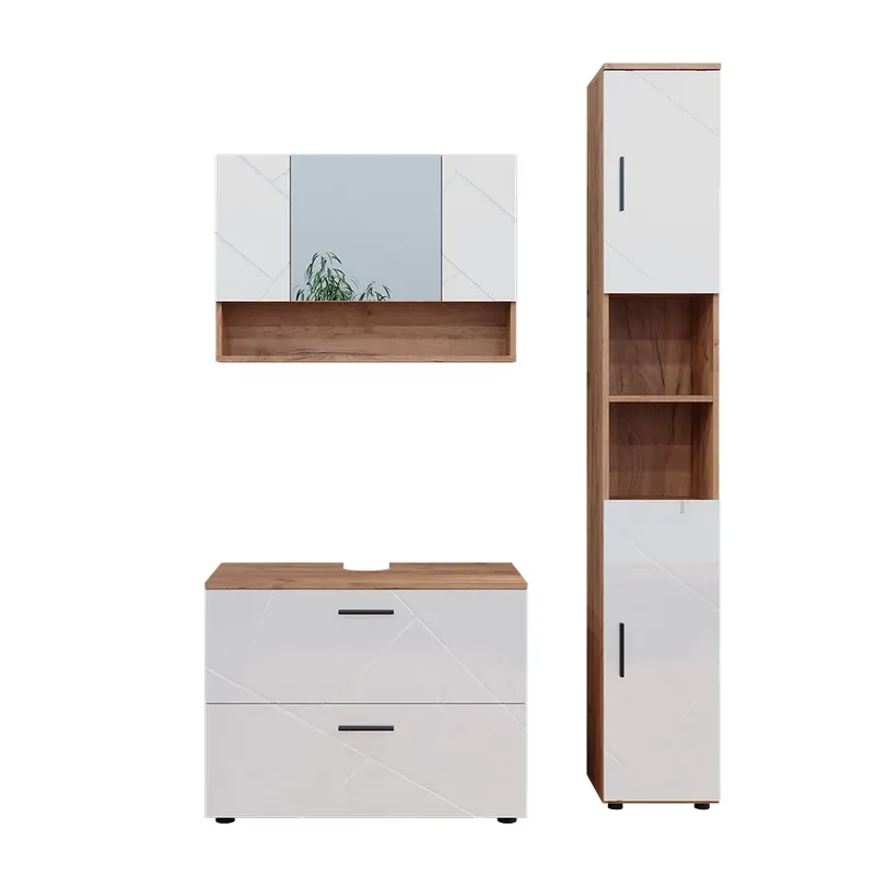 Preferatul clienților Set mobilier baie Irma Alb lucios/stejar Goldkraft 3 piese, cu dulap oglinda 80 cm Vicco
