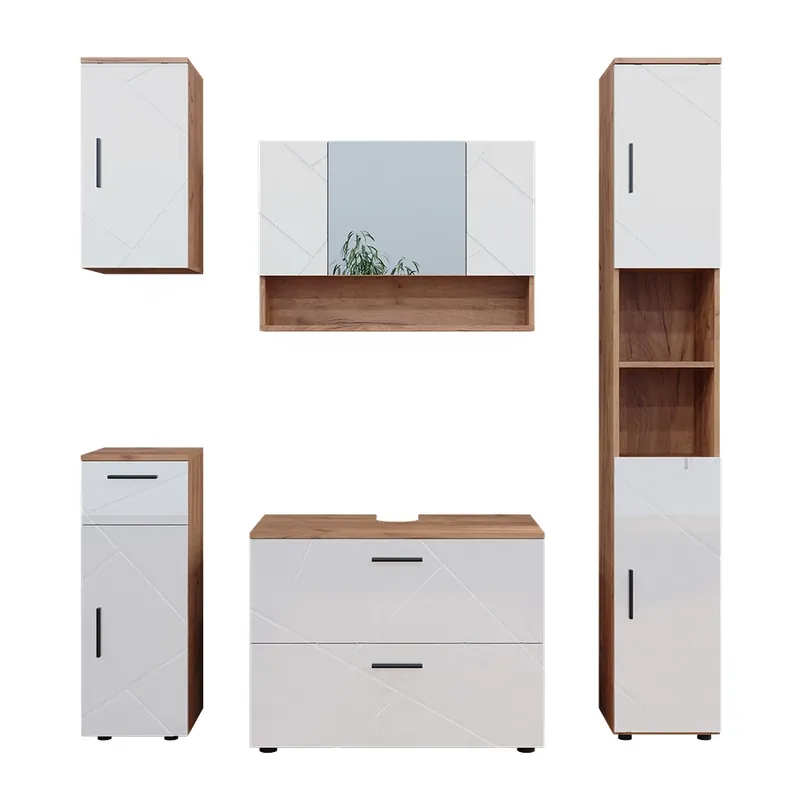 Mai ieftin Set mobilier baie Irma Alb lucios/stejar Goldkraft 5 părți Vicco