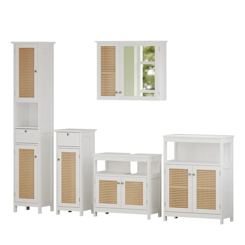 Reducere Set mobilier baie Rosario Alb 5 piese, cu dulap inalt Vicco