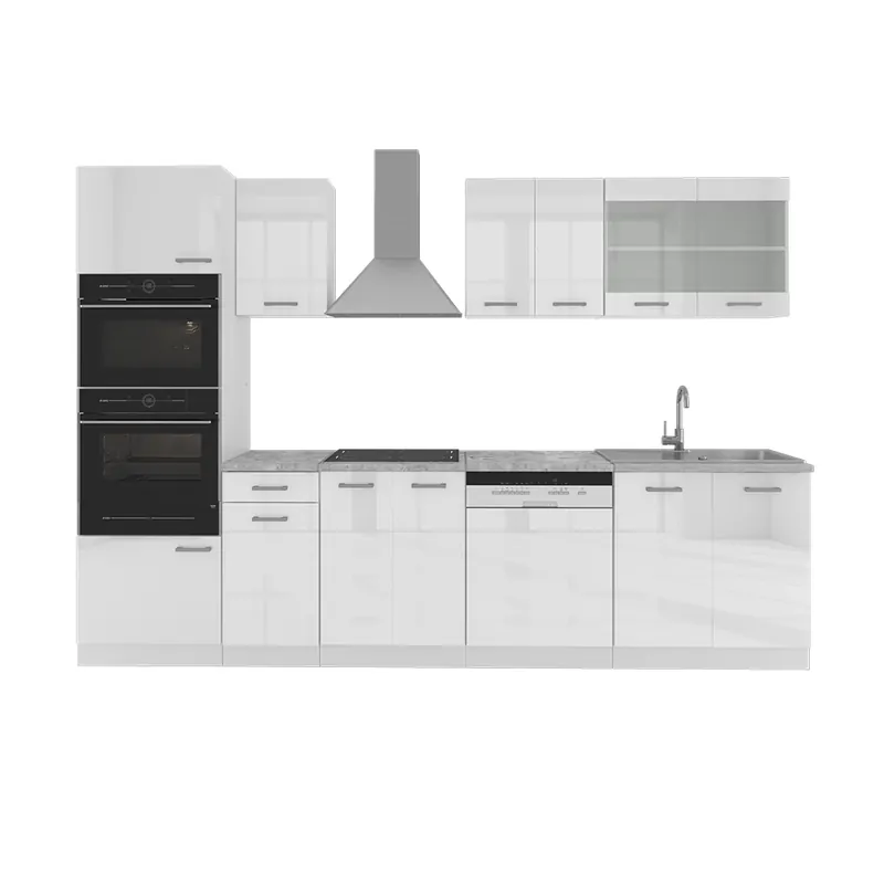 Promoție Kitchenette R-Line Alb lucios/alb 300 cm cu dulap înalt, marmură AP Vicco
