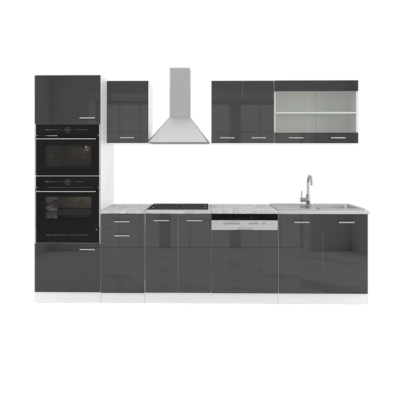Reducere specială Kitchenette R-Line Antracit lucios/alb 300 cm cu dulap înalt, marmură AP Vicco