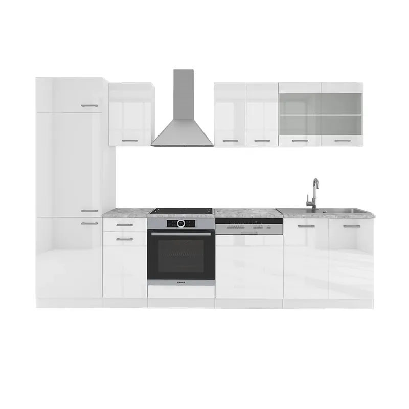 Super ofertă Kitchenette R-Line Alb lucios/alb 300 cm fara blat Vicco