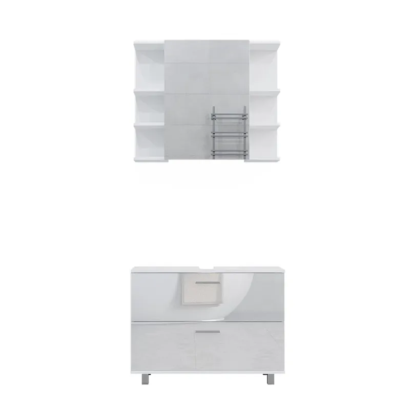 Set mobilier baie Ilias Alb lucios ridicat 2 piese, dulap de bază 80 cm Vicco Promoție