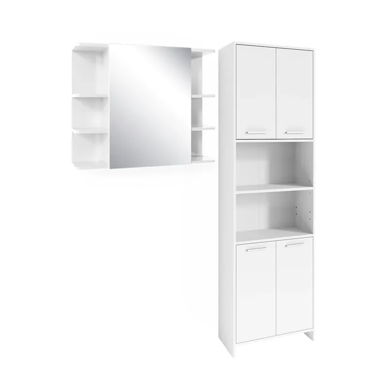Nu rata Set mobilier baie Maris Alb 2 părți, cu dulap înalt și dulap cu oglindă pentru baie Vicco
