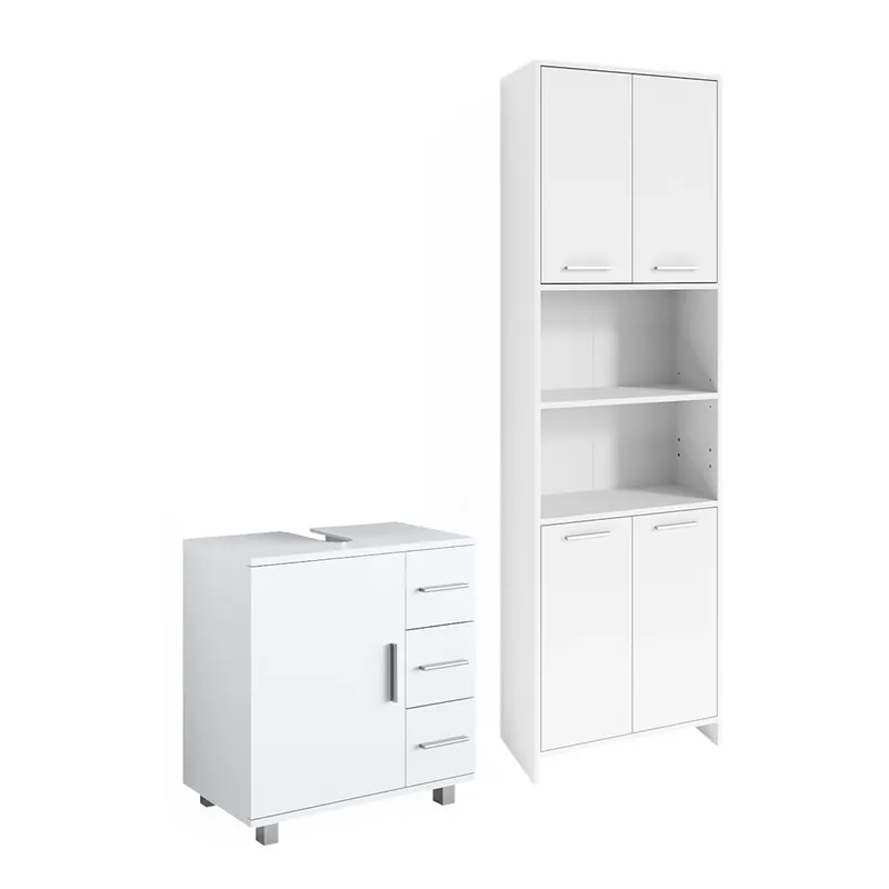 Reducere extra Set mobilier baie Maris Alb 2 părți, cu dulap înalt și dulap de bază pentru chiuvetă Vicco