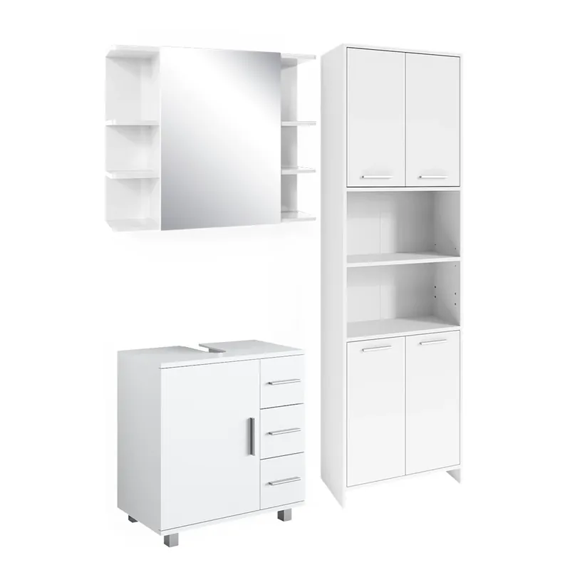 Retur ușor Set mobilier baie Maris Alb 3 părți, cu dulap înalt, dulap cu oglindă pentru baie și dulap de bază pentru chiuvetă Vicco