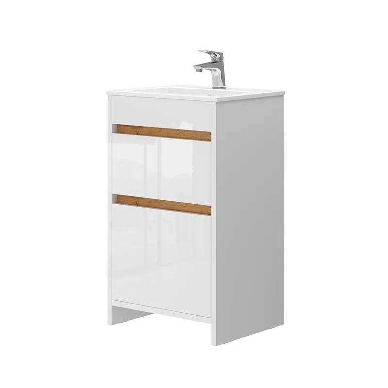 Retur ușor Set mobilier baie Detmold Alb lucios/stejar Goldkraft 2 piese, cu chiuveta si 2 sertare Vicco