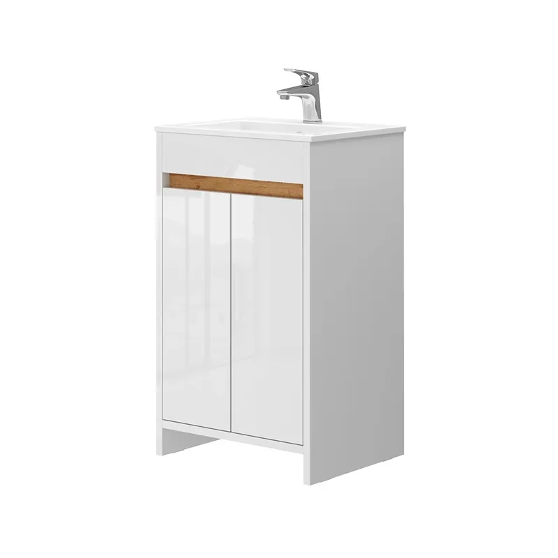 Set mobilier baie Lemgo Alb lucios ridicat 2 piese, cu chiuveta si 2 usi cu balamale Vicco Cel mai vândut