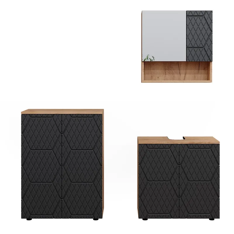Set mobilier baie Irma Antracit cu structură tip fagure de miere 3 părți, cu dulap de bază 60 cm Vicco Ofertă exclusivă