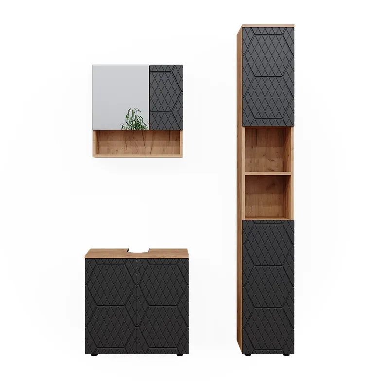 Super ofertă Set mobilier baie Irma Antracit cu structură tip fagure de miere 3 părți, cu dulap înalt Vicco