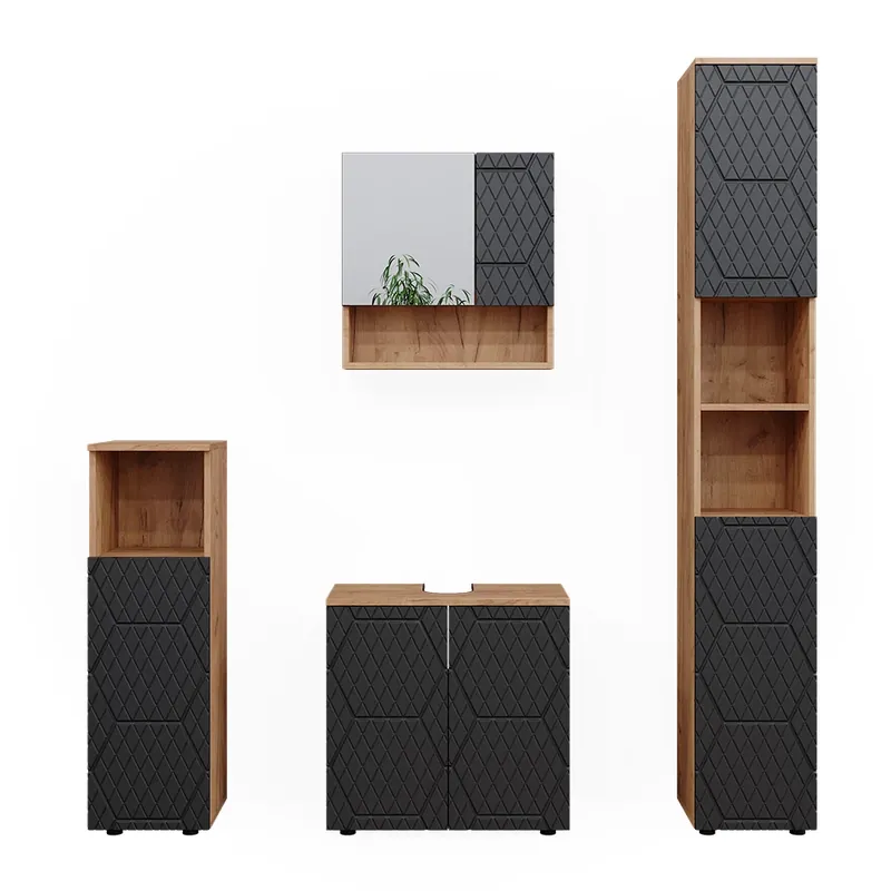Premium Set mobilier baie Irma Antracit cu structură tip fagure de miere 4 piese, cu dulap inalt Vicco