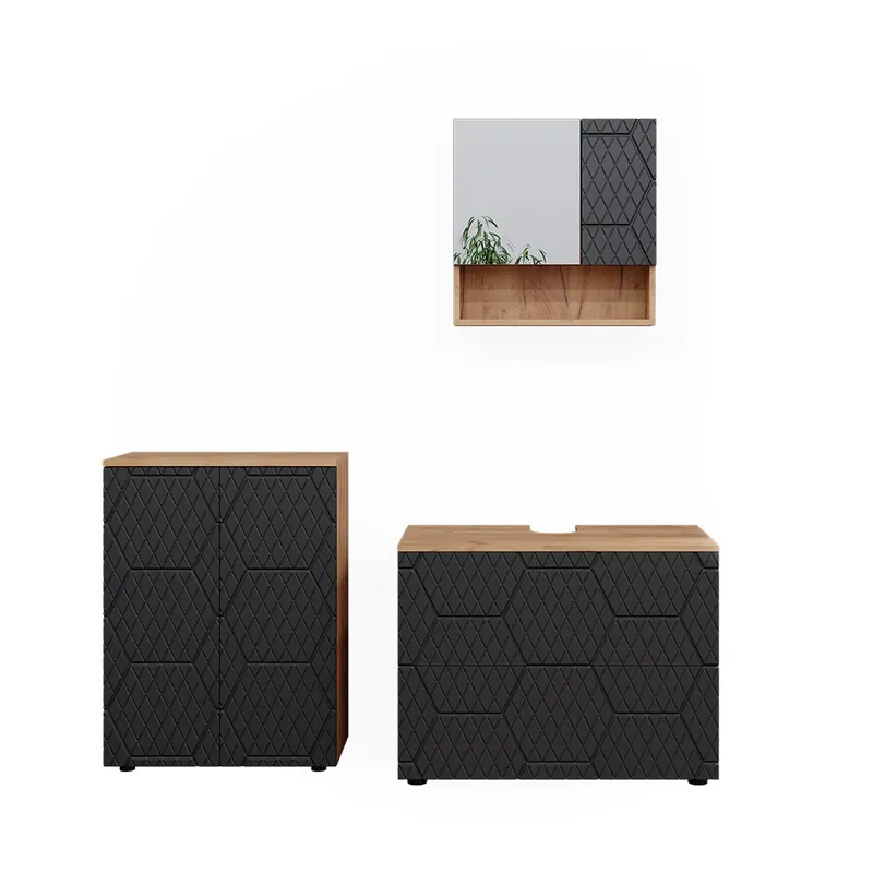 Promoție Set mobilier baie Irma Antracit cu structură tip fagure de miere 3 părți, cu dulap de bază 80 cm Vicco