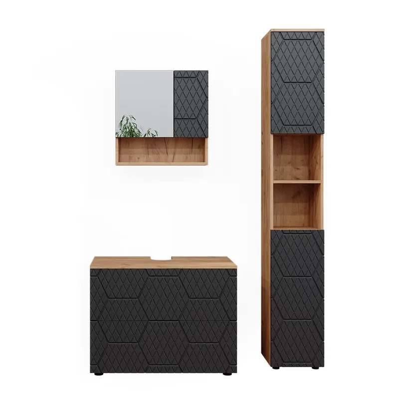 Livrare expres Set mobilier baie Irma Antracit cu structură tip fagure de miere 3 părți, cu dulap cu sertare și dulap înalt Vicco