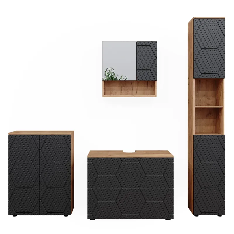 Set mobilier baie Irma Antracit cu structură tip fagure de miere 4 piese, cu dulap cu sertare si dulap midi Vicco Lichidare de stoc