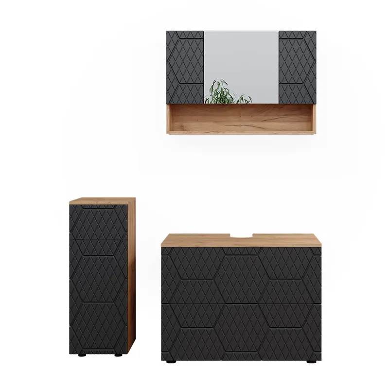 Discount Set mobilier baie Irma Antracit cu structură tip fagure de miere 3 părți, cu dulap cu sertare și dulap midi Vicco