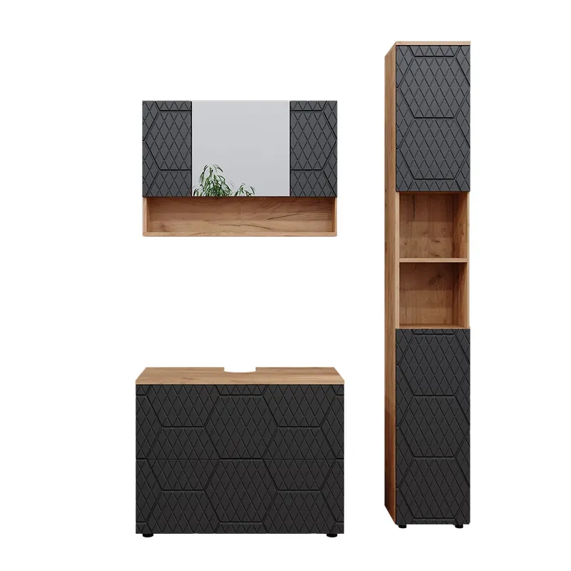 Set mobilier baie Irma Antracit cu structură tip fagure de miere 3 piese, cu dulap oglinda 80 cm Vicco Ofertă limitată