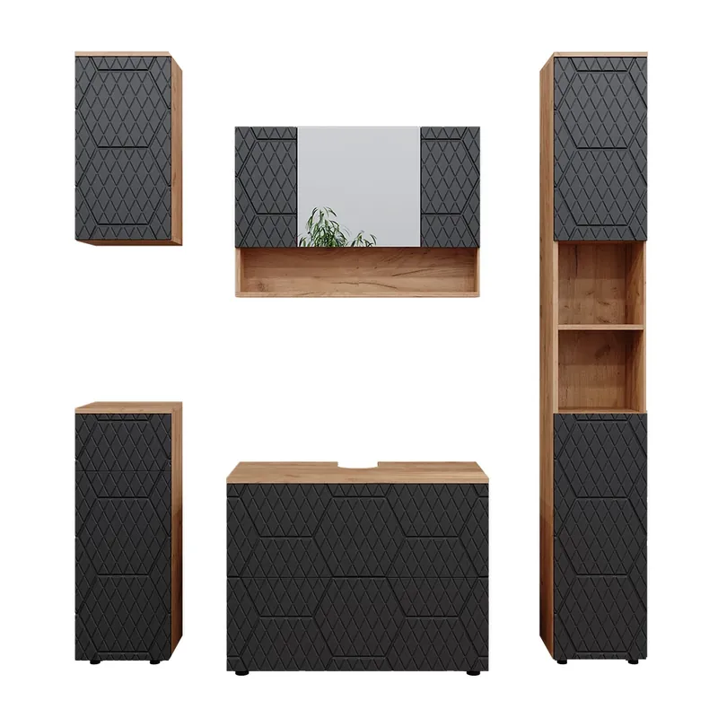 Lichidare de stoc Set mobilier baie Irma Antracit cu structură tip fagure de miere 5 părți Vicco