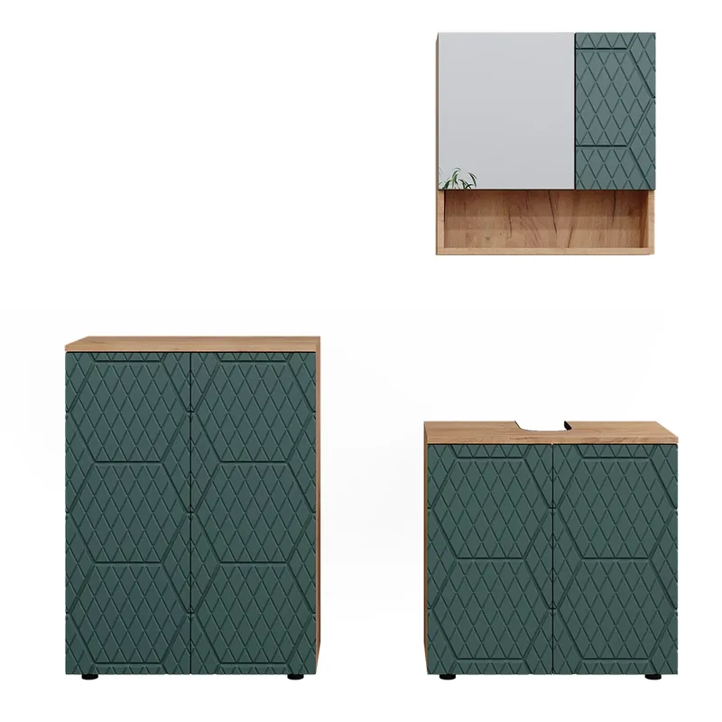 Set mobilier baie Irma Stejar verde/Goldkraft 3 părți, cu dulap de bază 60 cm Vicco Noutate